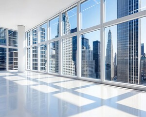 A bright, modern office interior with large windows showcasing a stunning city skyline and natural light flooding the space.