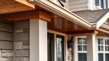 House Exterior Detail: Porch Columns, Stone Siding, and Wooden Beams