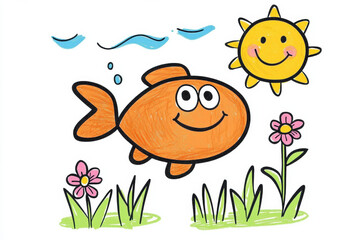 Colorful goldfish swimming happily among flowers and sun in cheerful scene