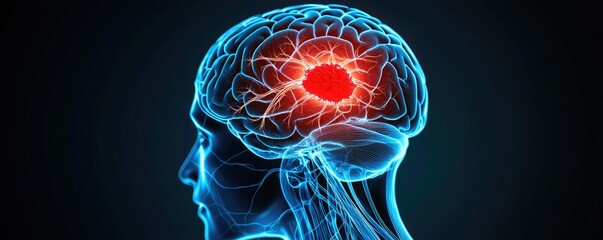 A digital illustration of a human brain highlighting neural activity, showcasing a glowing area representing cognitive processes or a neurological event.