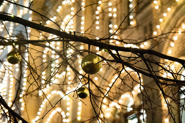 A tree with toys near the GUM store on Red Square decorated on New Year's and Christmas Eve - Moscow, Russia