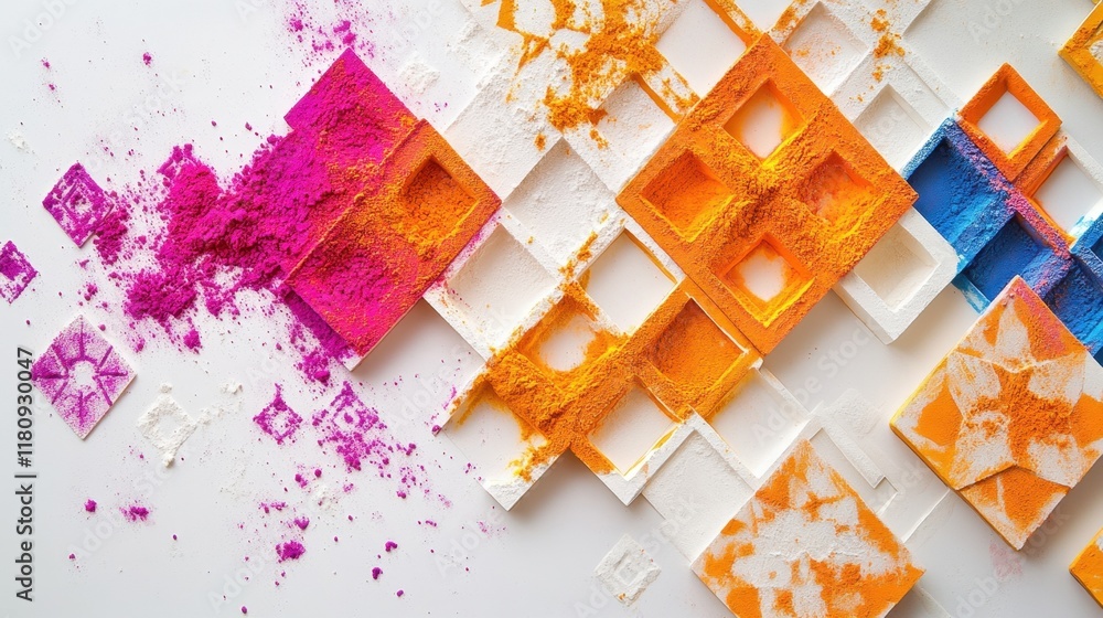 Poster a flat lay of holi powders creating intricate geometric patterns on a bright white surface.