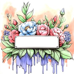 Vibrant Hand-Drawn Floral Illustration: Delicate Roses and Blossoms Frame Blank Banner. AI Generated