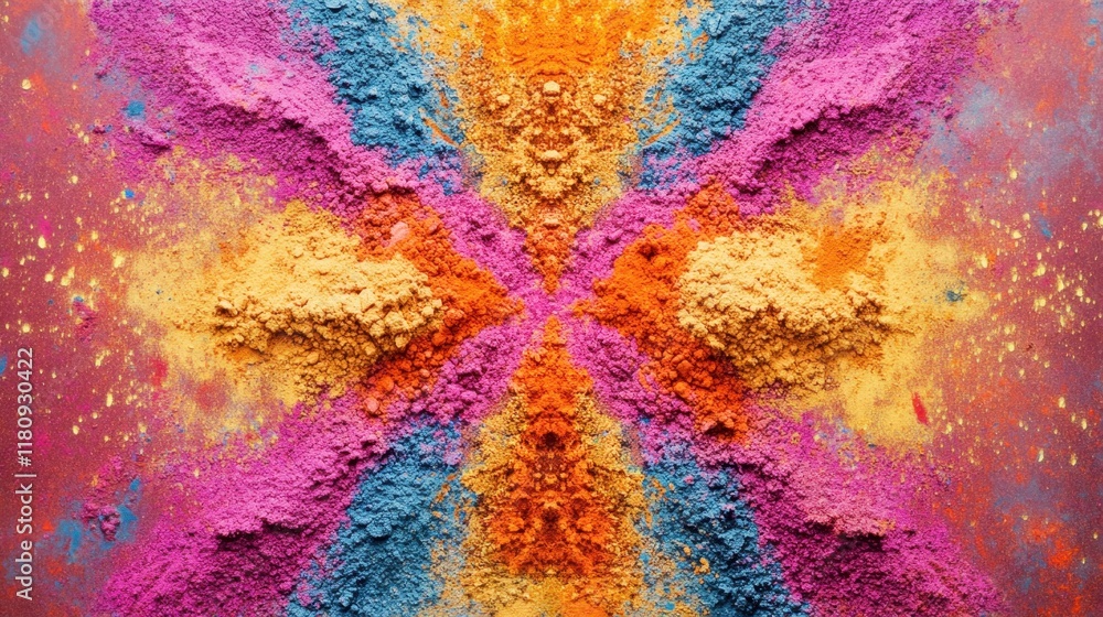 Poster a kaleidoscope effect created using vibrant holi powders in intricate symmetrical patterns on a flat