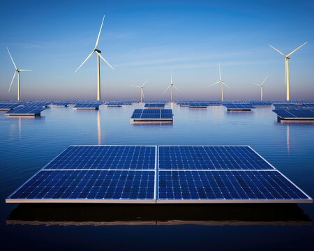 A serene landscape featuring floating solar panels and wind turbines harnessing renewable energy against a clear blue sky. - Powered by Adobe