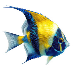 Naklejka premium vibrant and colorful fish. showcasing striking blue and yellow patterns. typical of tropical marine life the fish is depicted swimming gracefully against a plain white background. emphasizing its vivi