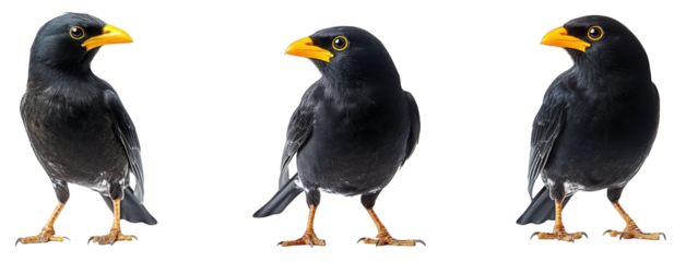three side views of a black bird with a bright yellow beak and striking yellow eyes the bird stands upright. showcasing its glossy feathers and distinct posture. emphasizing its unique characteristics