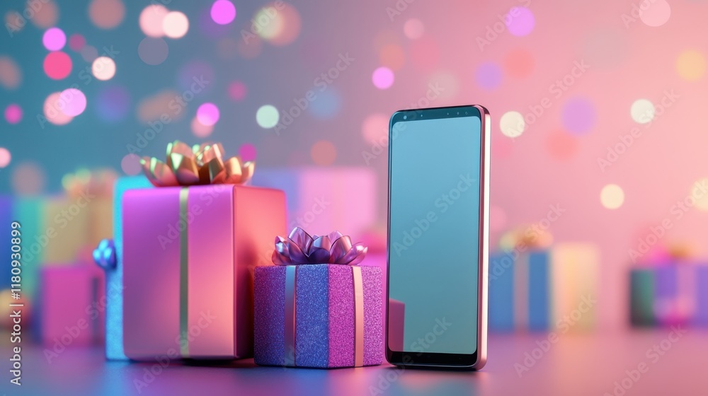 Poster a sleek 3d smartphone with colorful gift boxes and packages, placed on a gradient background with a 