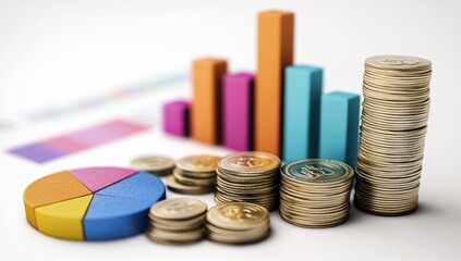 Financial Growth and Investment: Colorful Charts and Coin Stacks Illustrating Business Success and Wealth Accumulation