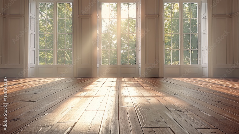 Poster empty room with wood flooring and windows that open.