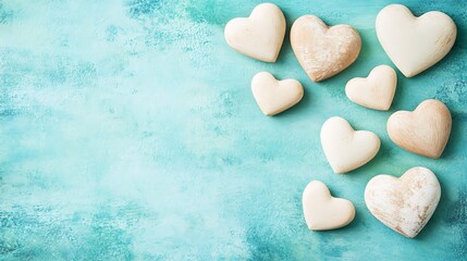 Obraz premium Wooden hearts arranged on a teal background