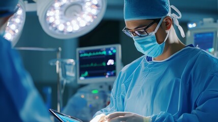 Doctor using an advanced digital tablet in modern healthcare Analyzing realtime patient data with cuttingedge medical innovations