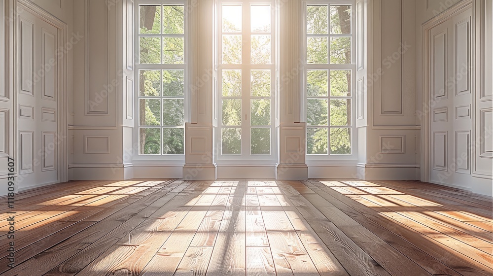 Poster empty room with wood flooring and windows that open.