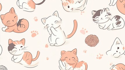 Adorable Kittens Pattern: Cute Cartoon Cats, Paws, Yarn Balls Background