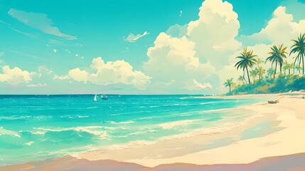 A tropical beach with white sand, calm turquoise waters, and a backdrop of towering palm trees. The warm golden sunlight creates a peaceful atmosphere, perfect for a relaxing vacation.