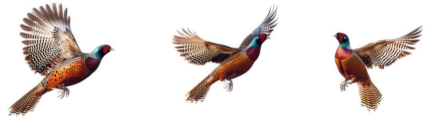 three flying pheasants. showcasing their vibrant plumage and graceful movements against a white background the birds are depicted in various positions of flight. highlighting their wings and colorful