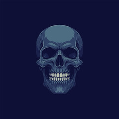 Fototapeta premium A stylized illustration depicts a detailed human skull in shades of blue against a dark background.