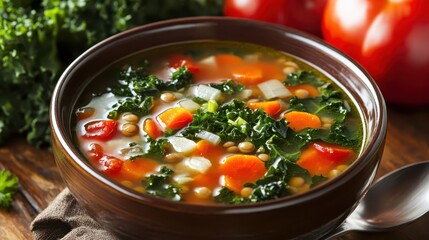 Healthy Vegan Soup with Kale and Lentils - A hearty vegan soup with kale, lentils, carrots, and onions, served in a bowl with a sprinkle of fresh herbs
