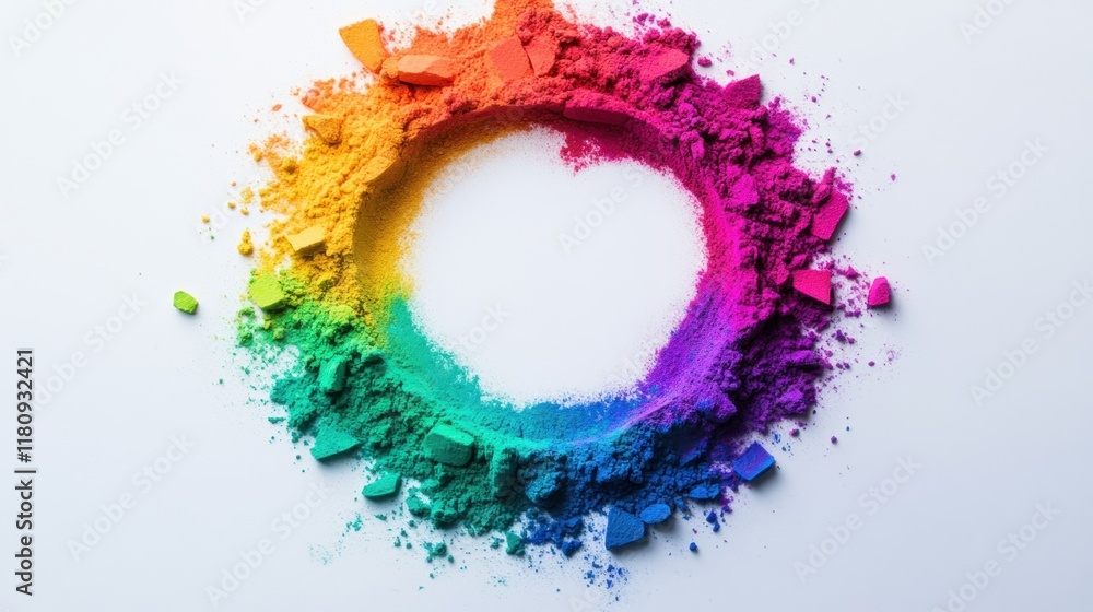 Poster abstract patterns created with colorful holi powders arranged in a circular formation on a pristine 
