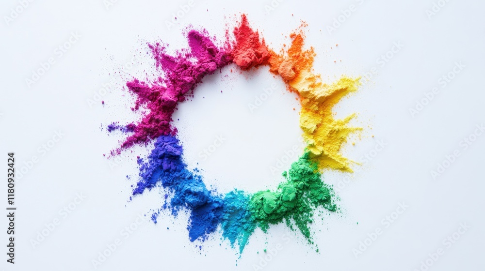 Poster abstract patterns created with colorful holi powders arranged in a circular formation on a pristine 