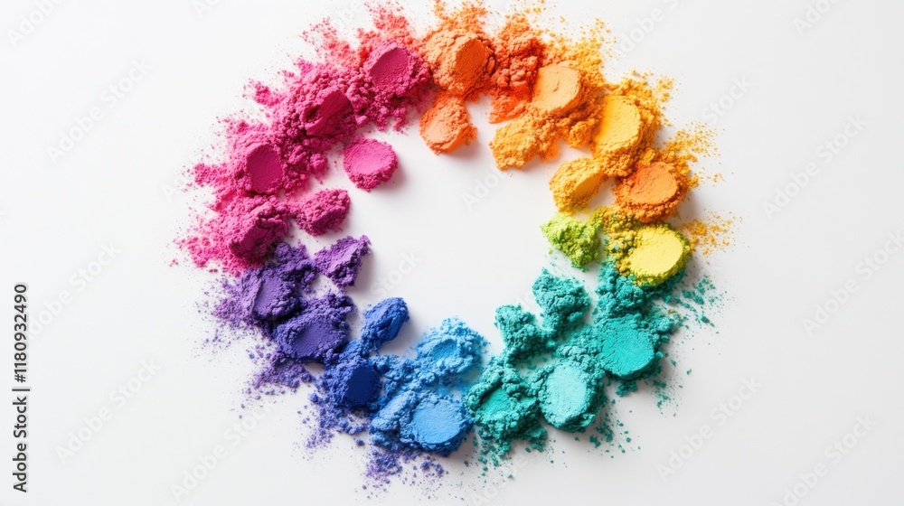 Poster abstract patterns created with colorful holi powders arranged in a circular formation on a pristine 
