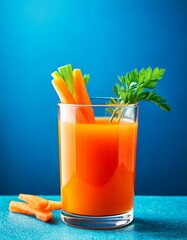 Carrot juice decorated with green leaves in a transparent glass on a blue background