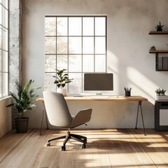 Sunlit minimalist home office desk workspace, city view