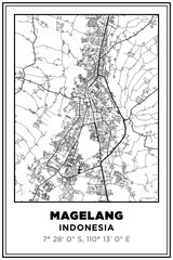 Black and white printable Street map art magelang city, Indonesia. Travel poster with coordinates, poster design, Modern Poster Wall Art Home Decor Ready to Printable