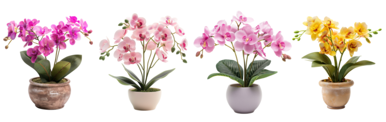 Orchid flowers in premium plastic table pot, isolated on transparent background