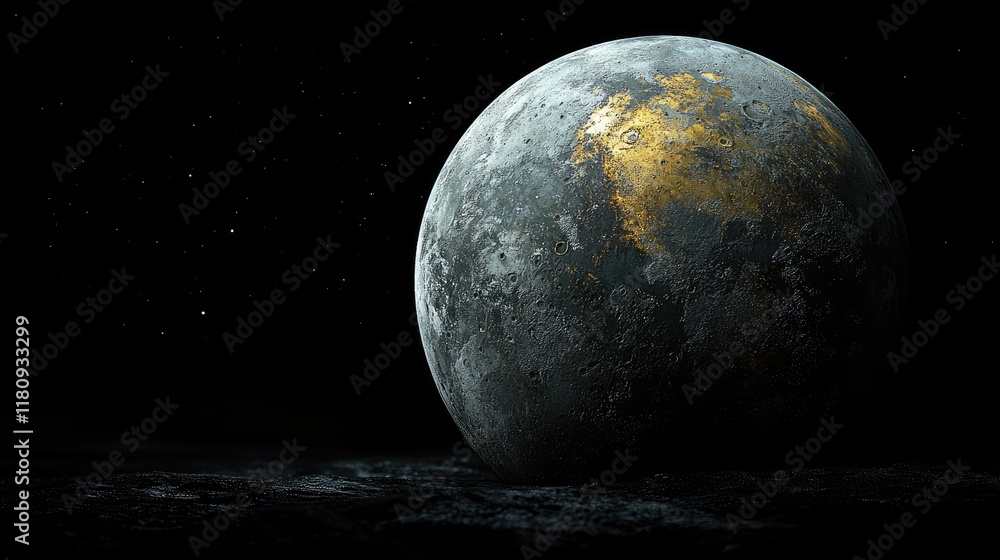 Poster cosmic gold: a captivating view of a celestial body with a golden surface against the backdrop of a 