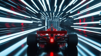Powerful acceleration of a red generic formula one car on a night track with light streaks and motion blur Concept of speed and advanced technology 3D illustration