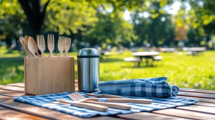 Sustainable Picnic Set with Bamboo Cutlery - An eco-friendly picnic set with bamboo cutlery, reusable cloth napkins, and a stainless steel thermos, set up on a park picnic table