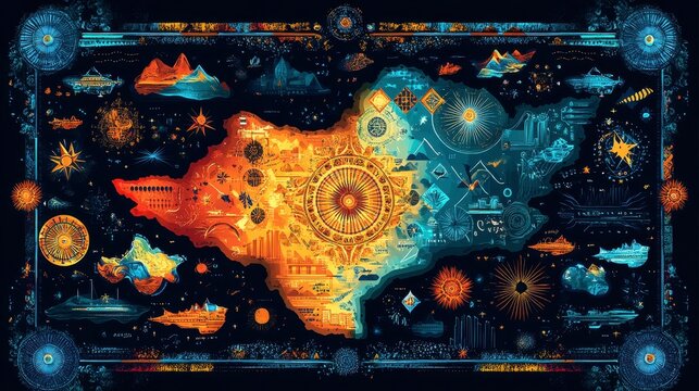 Abstract futuristic map with vibrant colors and geometric shapes.