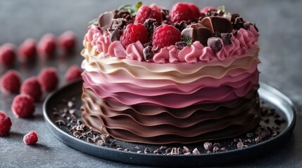 Layered tiered cake with raspberries and chocolate on dark gray surface