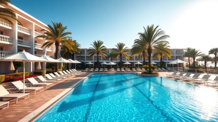 Resort Poolside Paradise With Palm Trees And Loungers