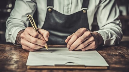 Obraz premium Craftsman Writing on Wooden Table