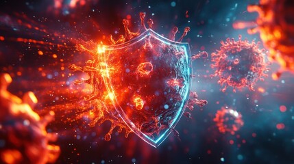 Fiery shield deflecting virus attack; cosmic backdrop; health protection