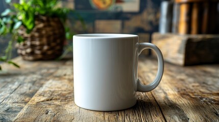 A simple white mug resting on a rustic wooden table with soft lighting background