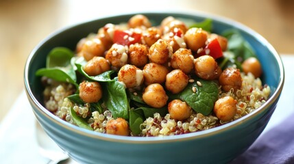 Vegan Buddha Bowl with Roasted Chickpeas and Spinach - A colorful vegan Buddha bowl with roasted chickpeas, spinach, quinoa, and tahini dressing, served in a ceramic bowl