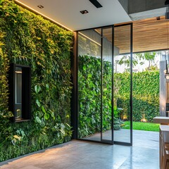 Modern interior with green wall and sliding glass door leading to a lush garden.