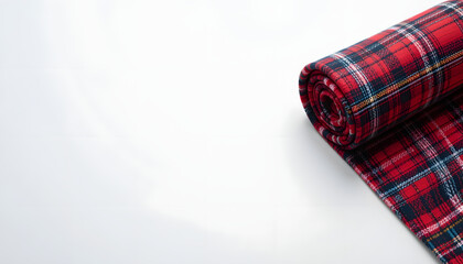 Rolled plaid fabric in red and black colors resting on a light background
