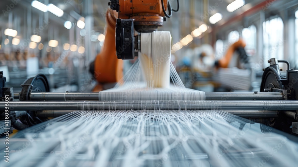 Poster Robot weaver producing intricate fabrics for designers.