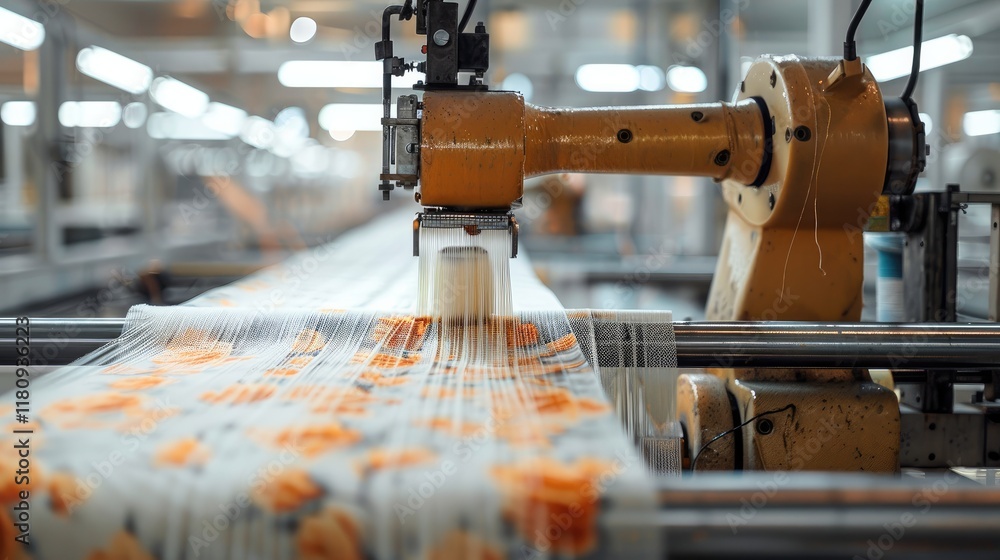 Poster robot weaver producing intricate fabrics for designers.