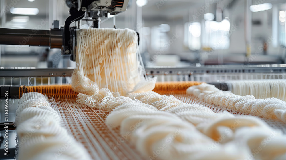 Poster robot weaver producing intricate fabrics for designers.