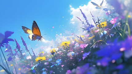 A vibrant butterfly amidst colorful flowers in a dreamy landscape, capturing the beauty of nature in a tranquil setting