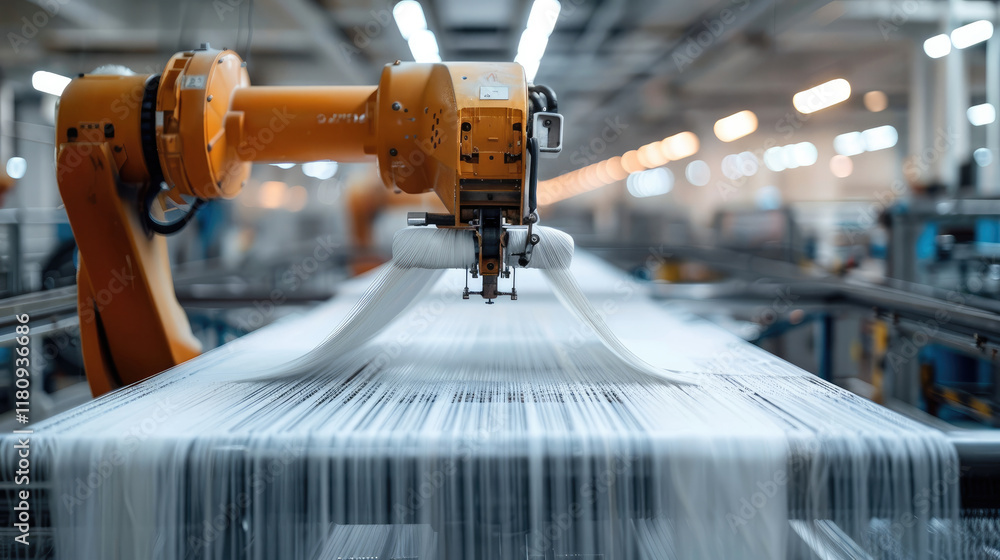 Poster robot weaver producing intricate fabrics for designers.