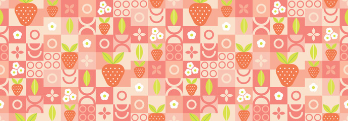 Strawberry abstract geometric pattern and minimalism style. Natural organic shapes of plants and berries, eco farming. Designer fabric, card, wrapping paper, cover.
