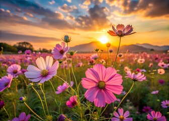 Fototapeta premium Golden Hour Cosmos Flowers Sunset Meadow