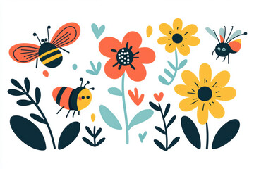 Vibrant illustration of flowers and bees in playful, colorful style