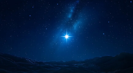 Naklejka premium Bright shining Star of Bethlehem on dark blue starry night sky. Star of Jesus, Christmas Star. Nativity of Jesus Christ, birth of Jesus, Christmas Eve. Christian religion concept